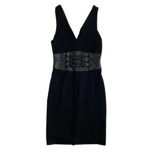 Bebe Black Sleeveless V-Neck Sheath Dress Faux Leather Corset Bandage Waist - S